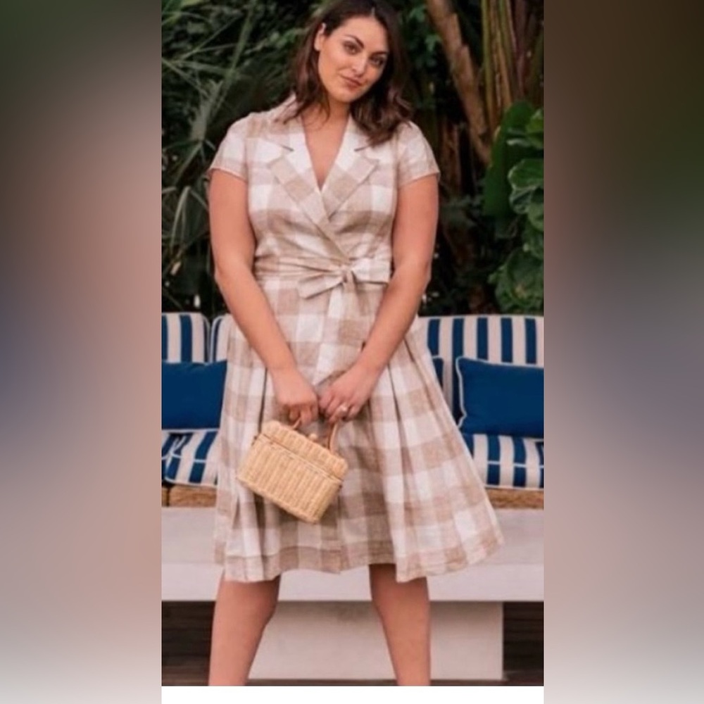 Gayle Wrap Linen Dress Gal Meets Glam Sz 20 Beige/White Checkered Fully Lined